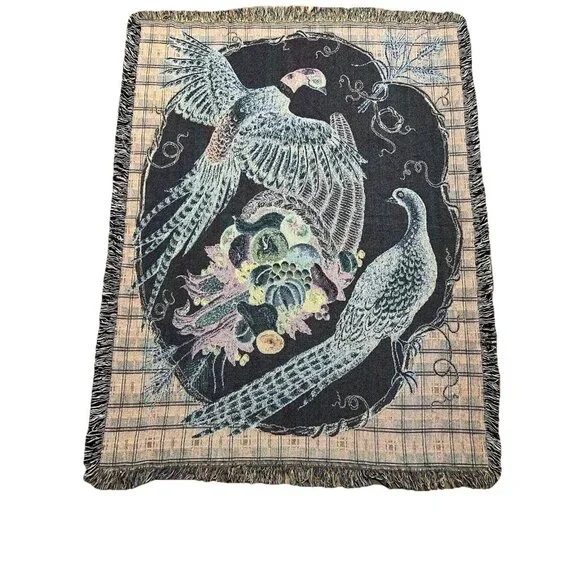 Vtg Tapestry Throw 52x68 Pheasant Cornucopia Harvest Cabin Lodge Fringe Blanket - Picture 3 of 13